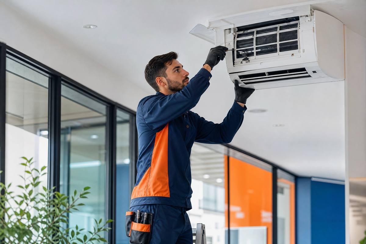 Técnico a reparar sistema de ar condicionado
