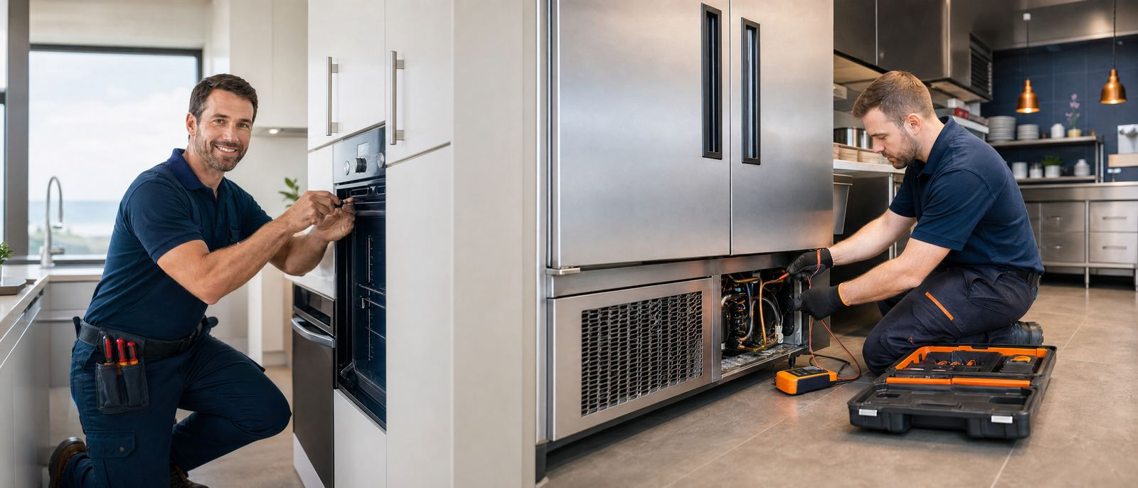 Assistência doméstica e industrial: técnico a reparar forno doméstico e equipamento de refrigeração industrial