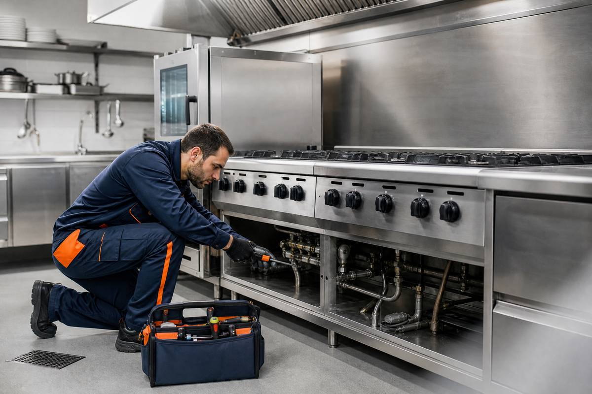 Técnico a reparar fogão a gás industrial