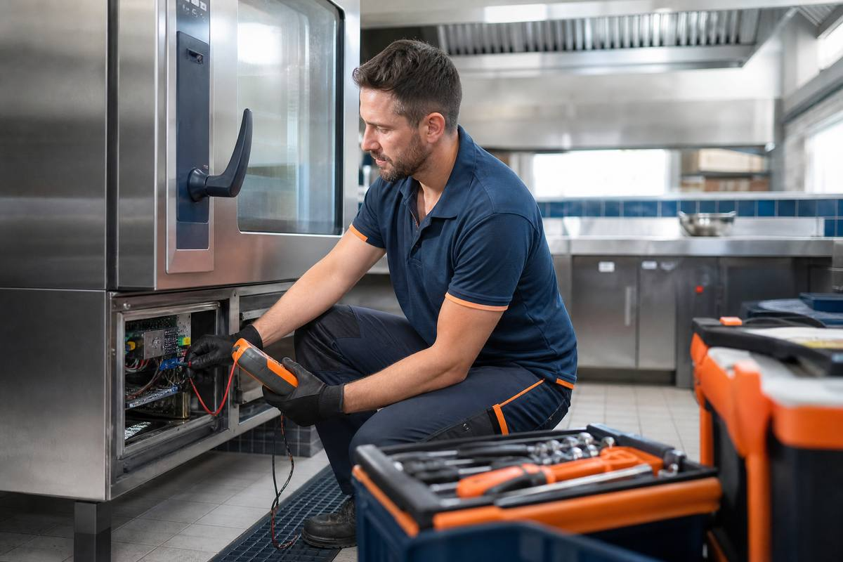 Técnico a reparar equipamento industrial de calor