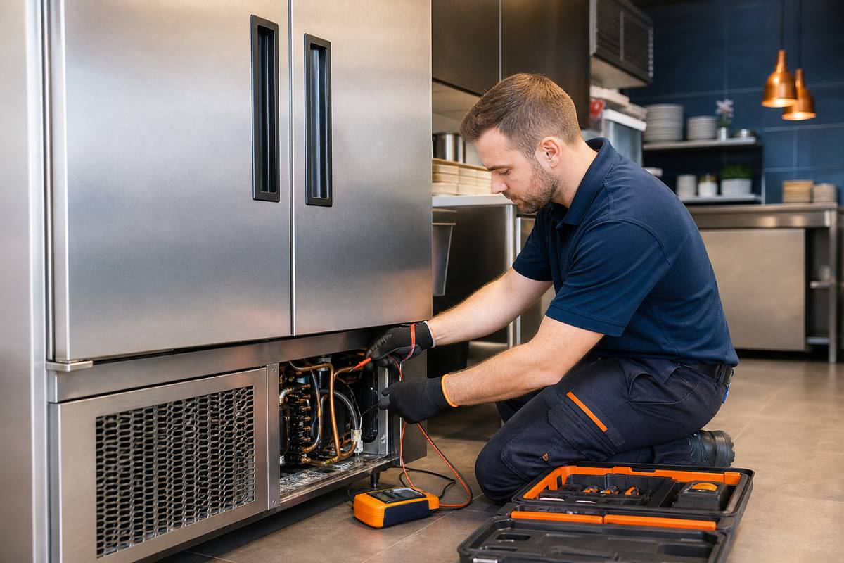 Técnico a reparar equipamento industrial de frio